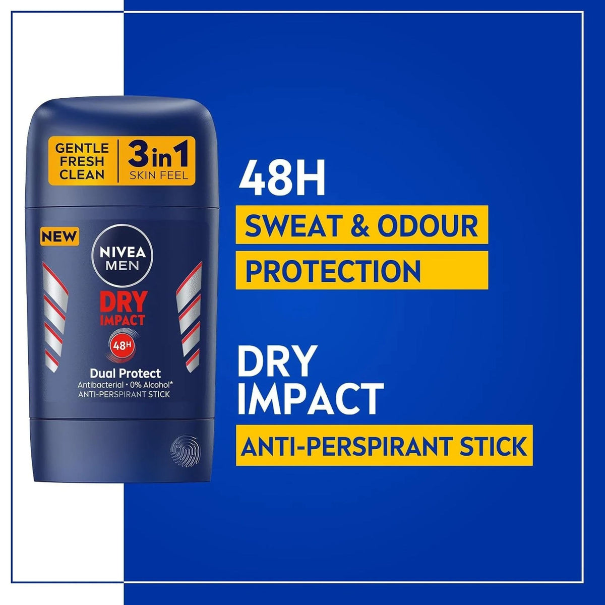 Refect Beauty Nivea Men Dry Impact 48H anti-perspirant deodorant stick in blue packaging with 3-in-1 skin feel