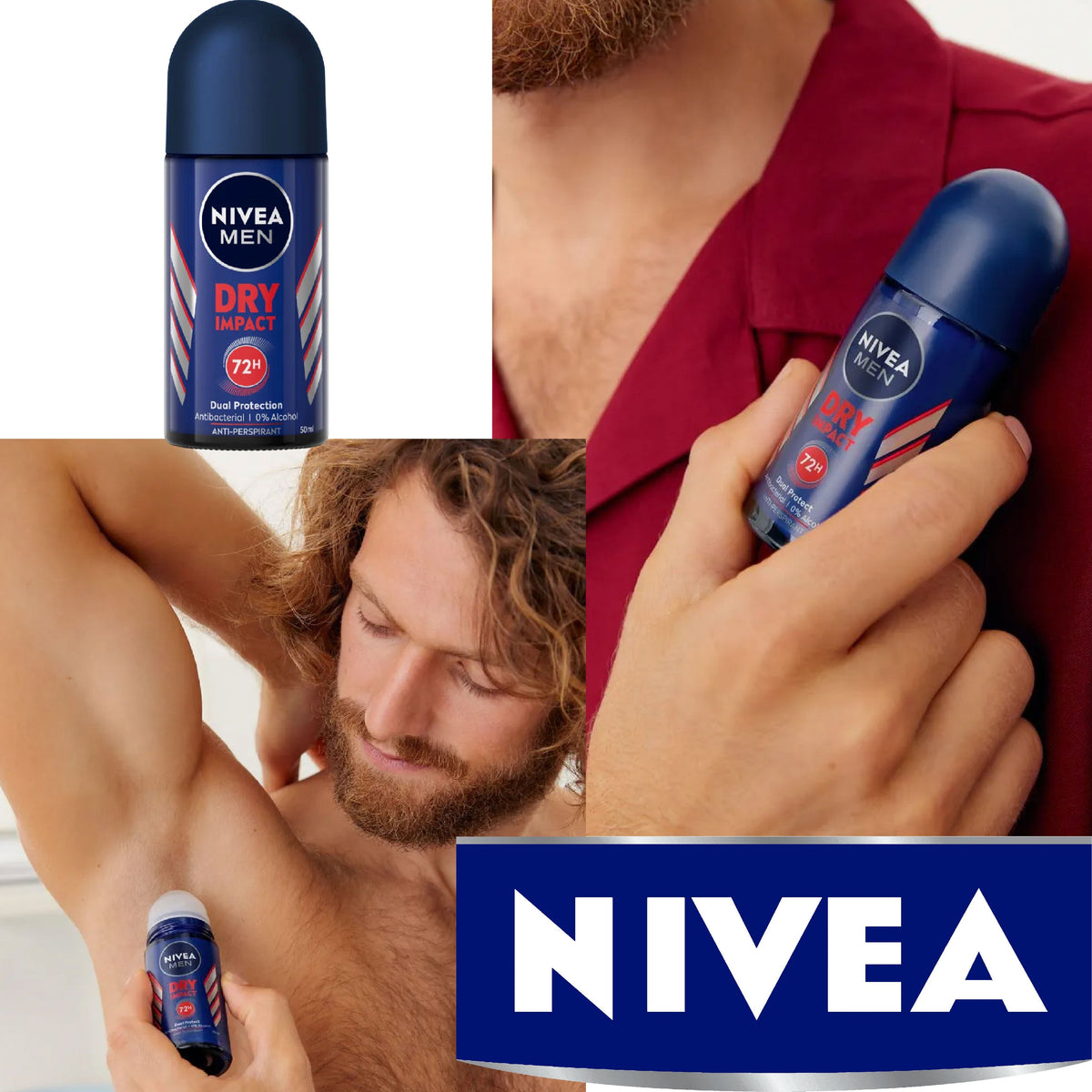 Refect Beauty Nivea Men Dry Impact anti-perspirant roll-on deodorant providing 72-hour sweat and odor protection.