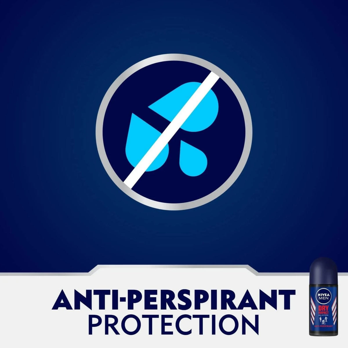 Refect Beauty Nivea Men Dry Impact anti-perspirant roll-on deodorant with blue water drop icon on dark blue background