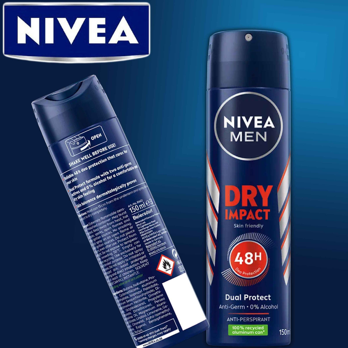 Refect Beauty Nivea Men Dry Impact 48h antiperspirant body spray in a blue aerosol can with orange accents.