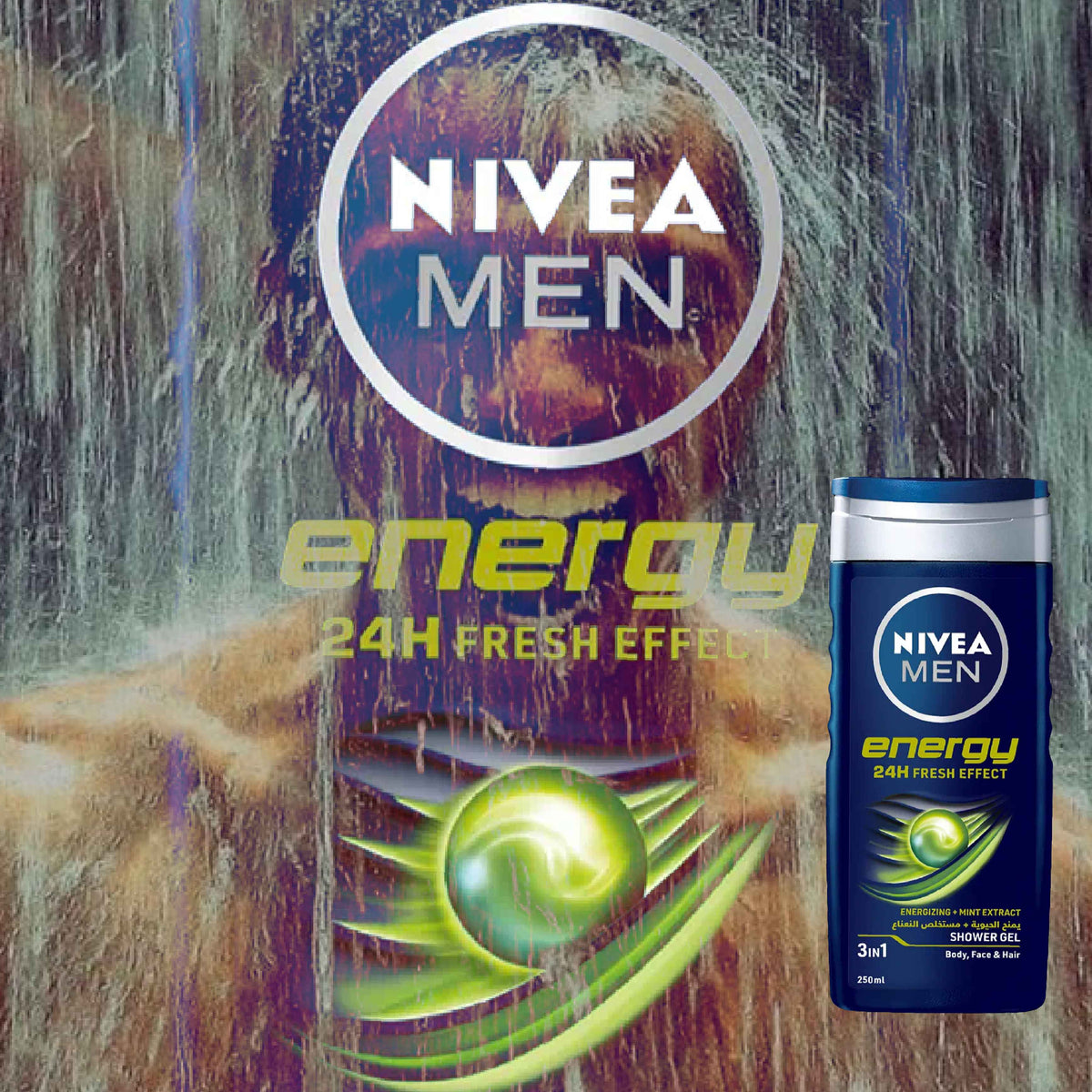 Refect Beauty Nivea Men Energy 3-in-1 shower gel bottle with refreshing mint extract for body, face, and hair