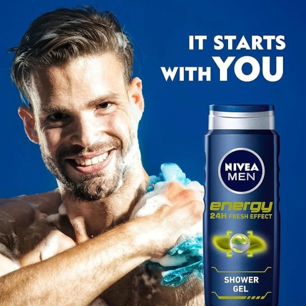 Refect Beauty Nivea Men Energy Shower Gel bottle next to a smiling man using a blue loofah in the shower