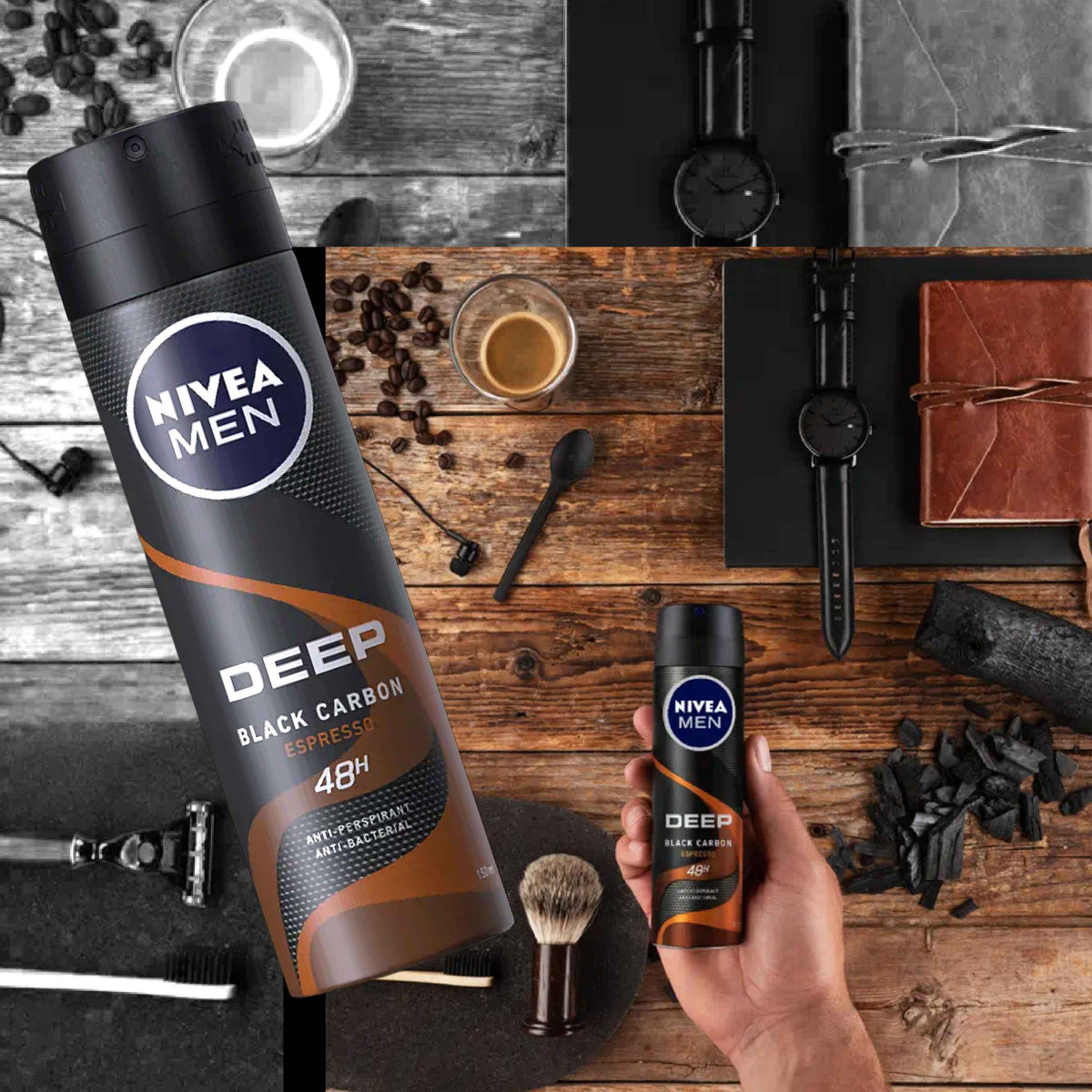 Refect Beauty Nivea Men Deep Espresso body spray featuring a masculine scent with black carbon and coffee accents.