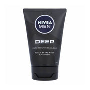 Refect Beauty Nivea Men Deep face and beard wash in a black squeeze tube with anti-impurities black carbon formula.