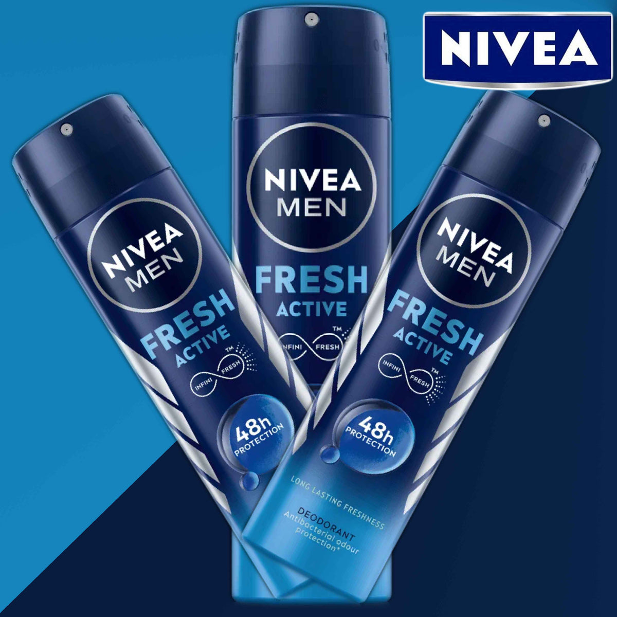 Refect Beauty Nivea Men Fresh Active body spray cans featuring 48h odor protection and a refreshing masculine scent.