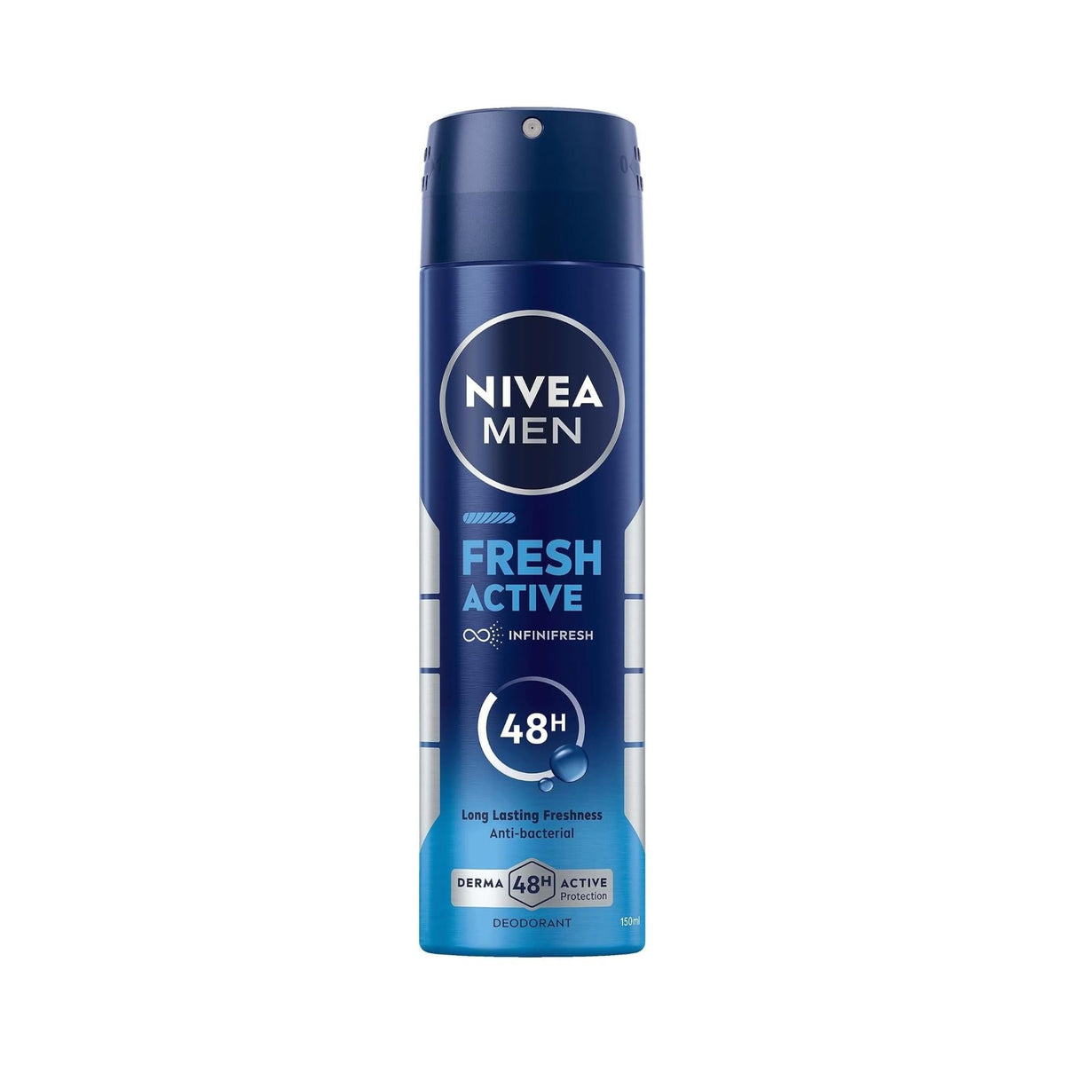 Refect Beauty Nivea Men Fresh Active body spray in a blue 150ml aerosol can with 48-hour odor protection.