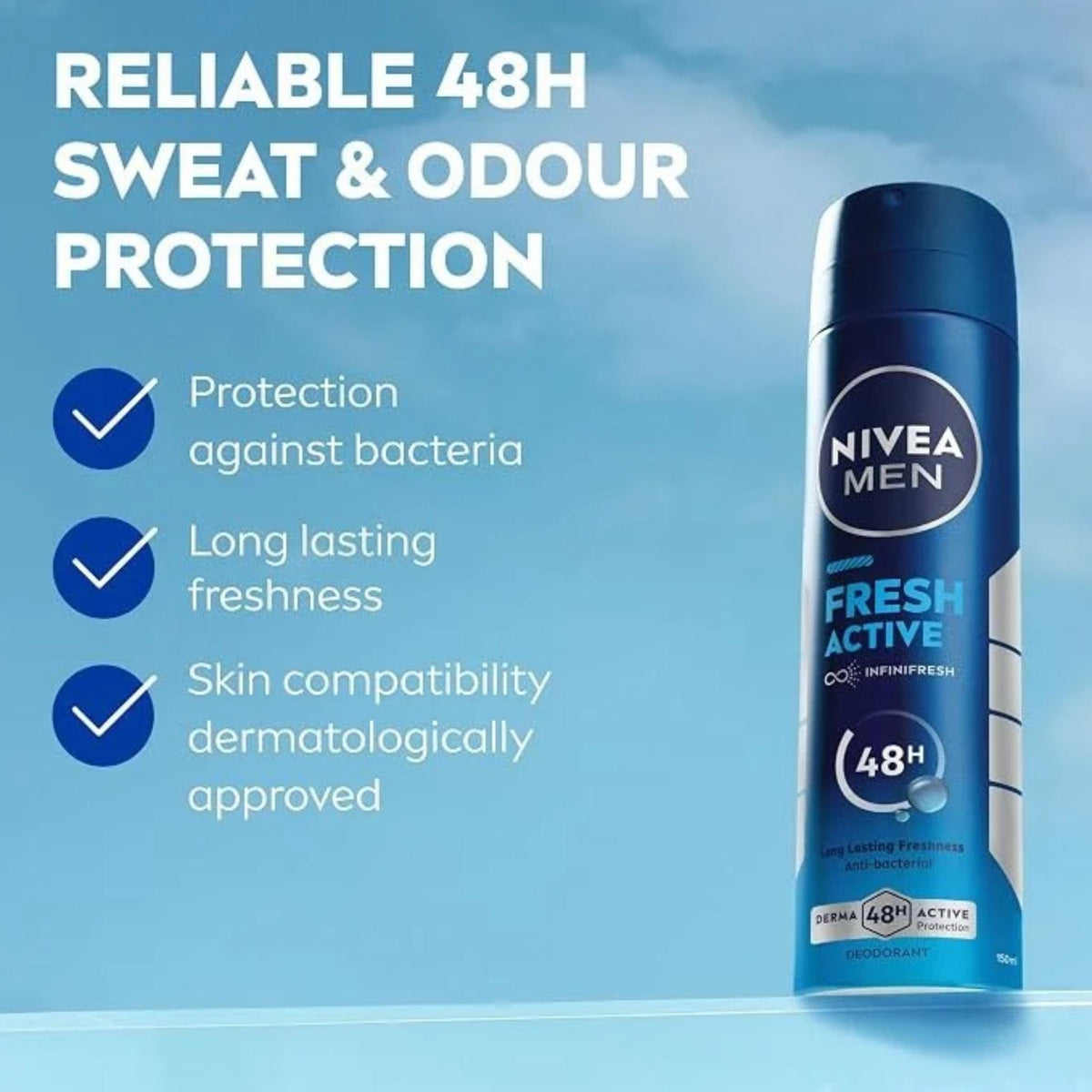 Refect Beauty Nivea Men Fresh Active body spray bottle featuring 48-hour odor protection and antibacterial benefits.