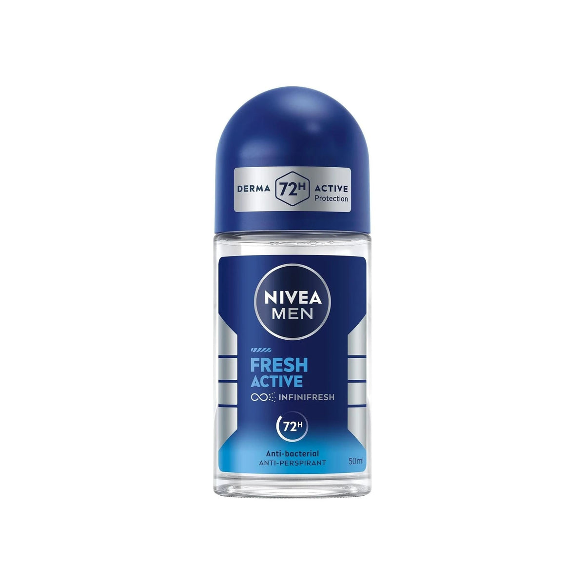 Refect Beauty Nivea Men Fresh Active 72h anti-perspirant roll-on deodorant in a clear 50ml bottle with a blue cap.