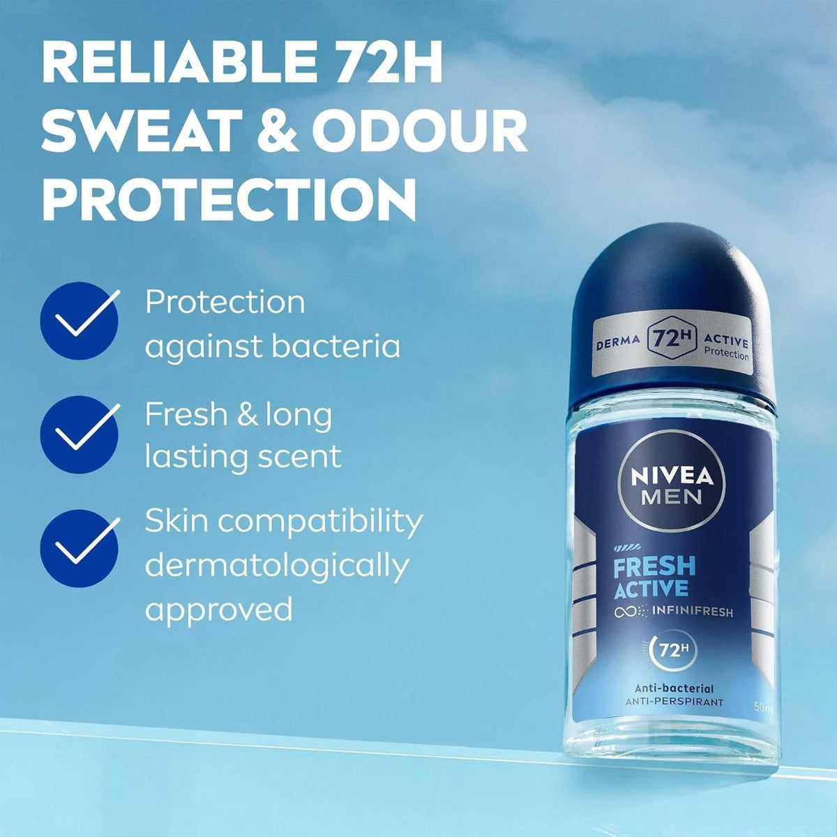 Refect Beauty Nivea Men Fresh Active roll-on anti-perspirant with 72-hour sweat and odor protection on blue background