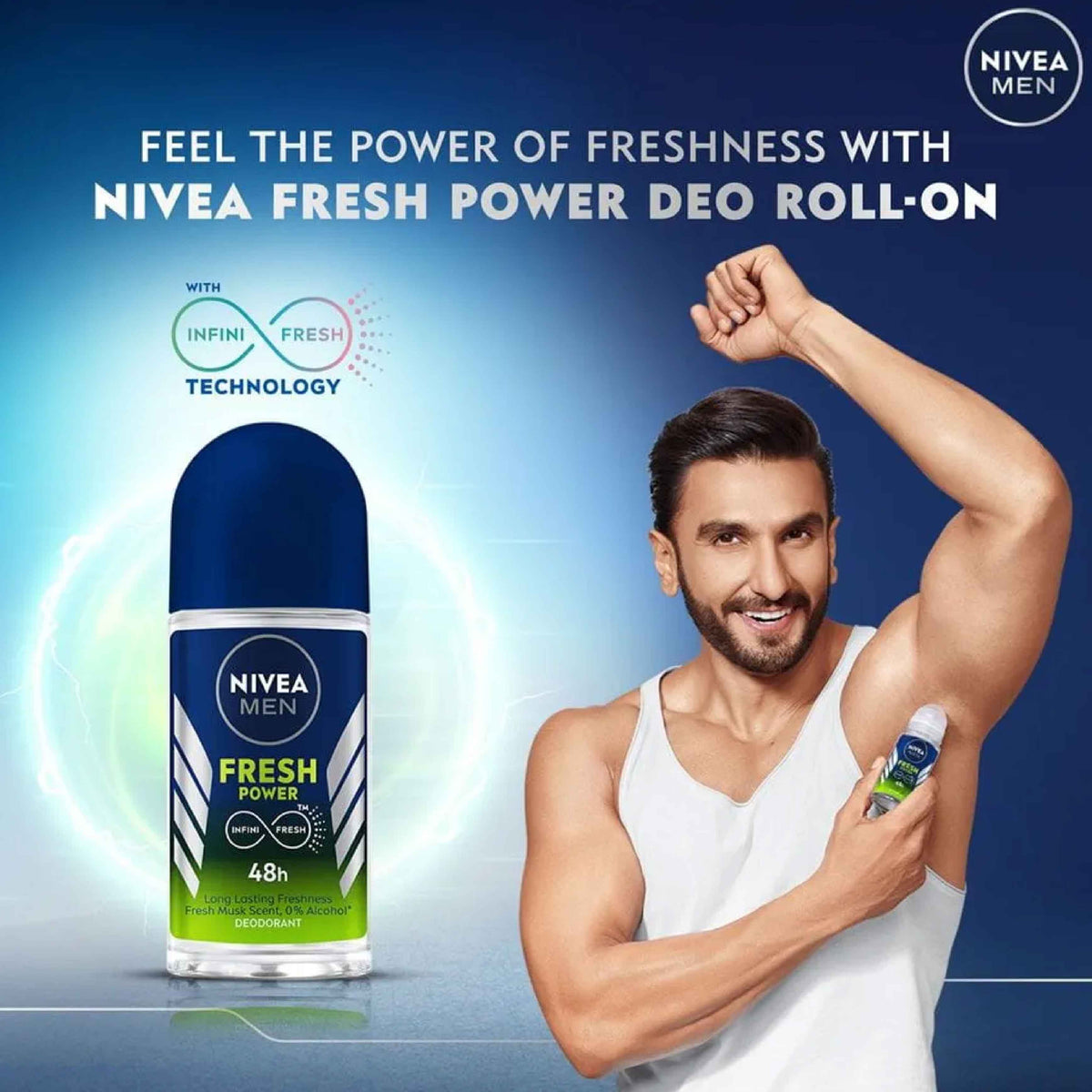 Refect Beauty Nivea Men Fresh Power roll-on anti-perspirant held by a man in a white tank top against a blue background
