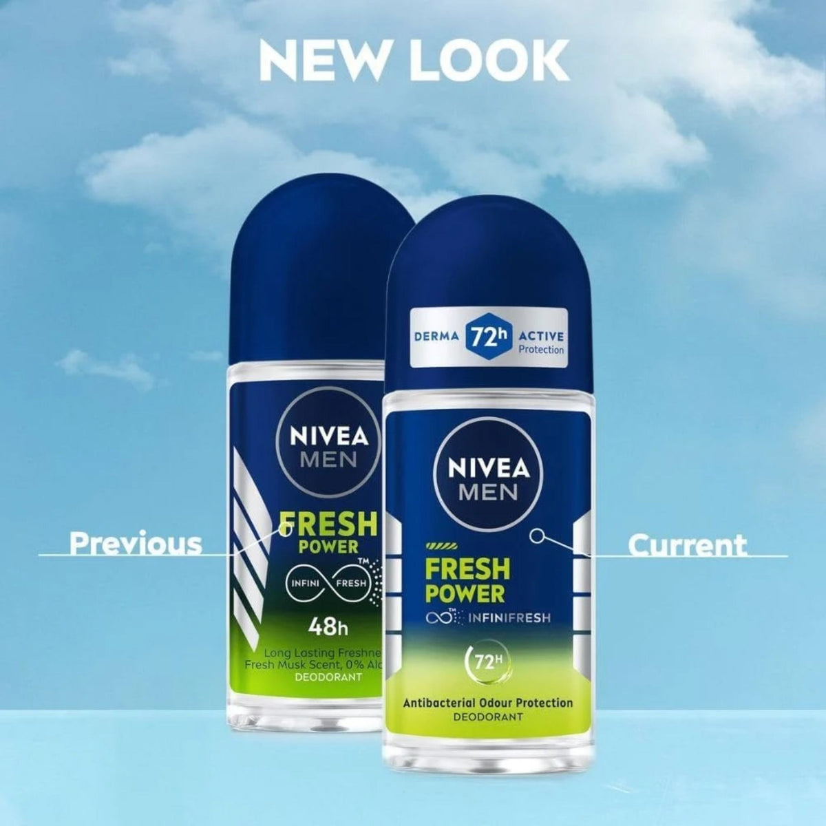 Refect Beauty Nivea Men Fresh Power anti-perspirant roll-on deodorant showing previous and current packaging designs.