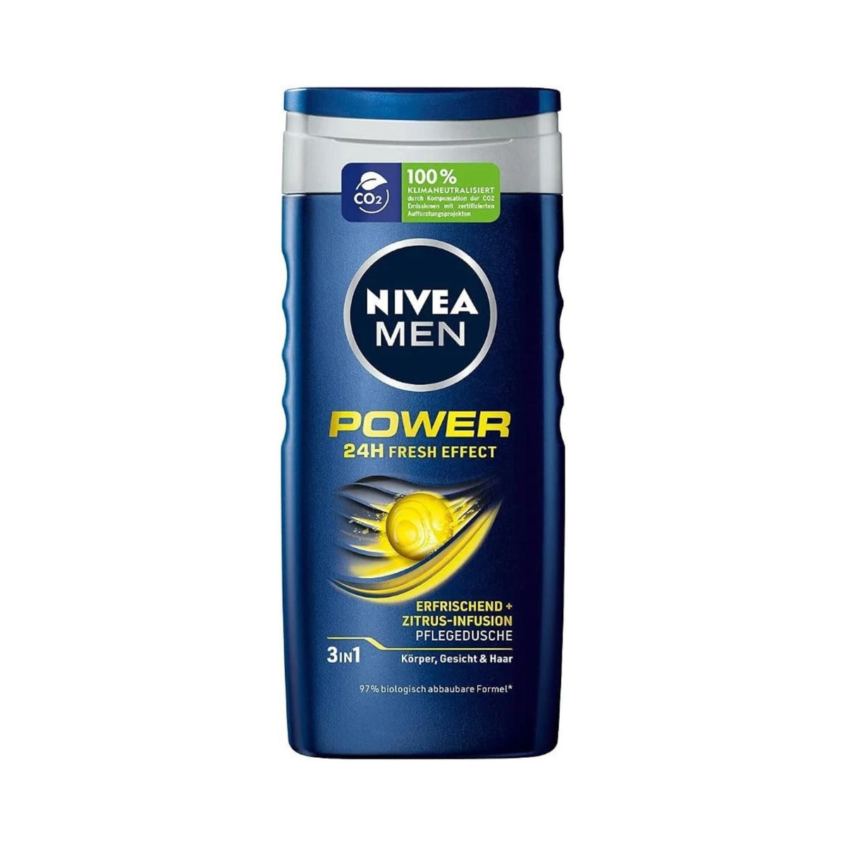 Refect Beauty Nivea Men Power Fresh 3-in-1 shower gel bottle with citrus infusion for body, face, and hair.