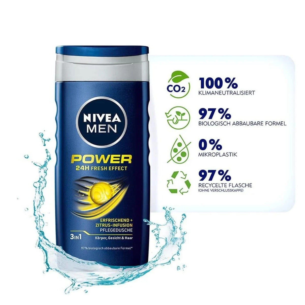 Refect Beauty Nivea Men Power Fresh 3-in-1 shower gel bottle with citrus infusion and refreshing water splash effect.