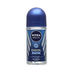Refect Beauty Nivea Men Cool Kick antiperspirant roll-on with 48-hour cooling protection in a blue glass bottle.
