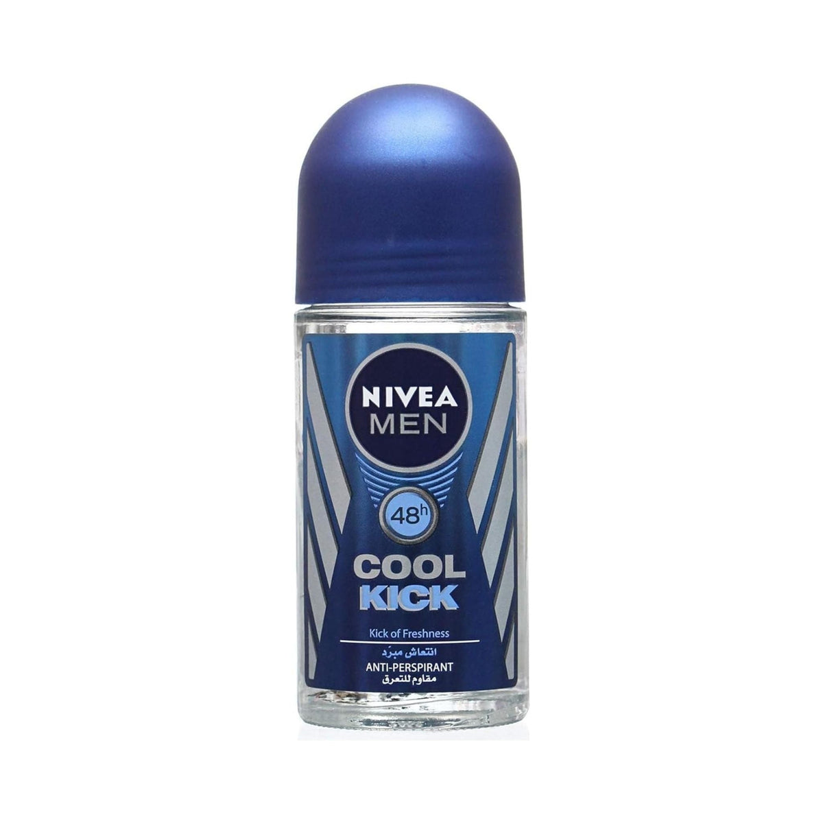 Refect Beauty Nivea Men Cool Kick antiperspirant roll-on with 48-hour cooling protection in a blue glass bottle.