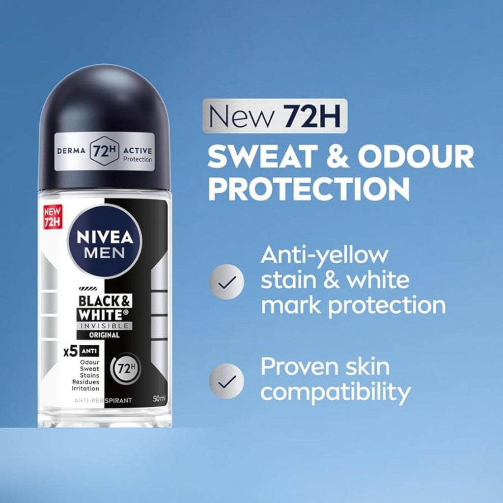 Refect Beauty Nivea Men Black & White Invisible Original roll-on antiperspirant with 72-hour sweat and odor protection.