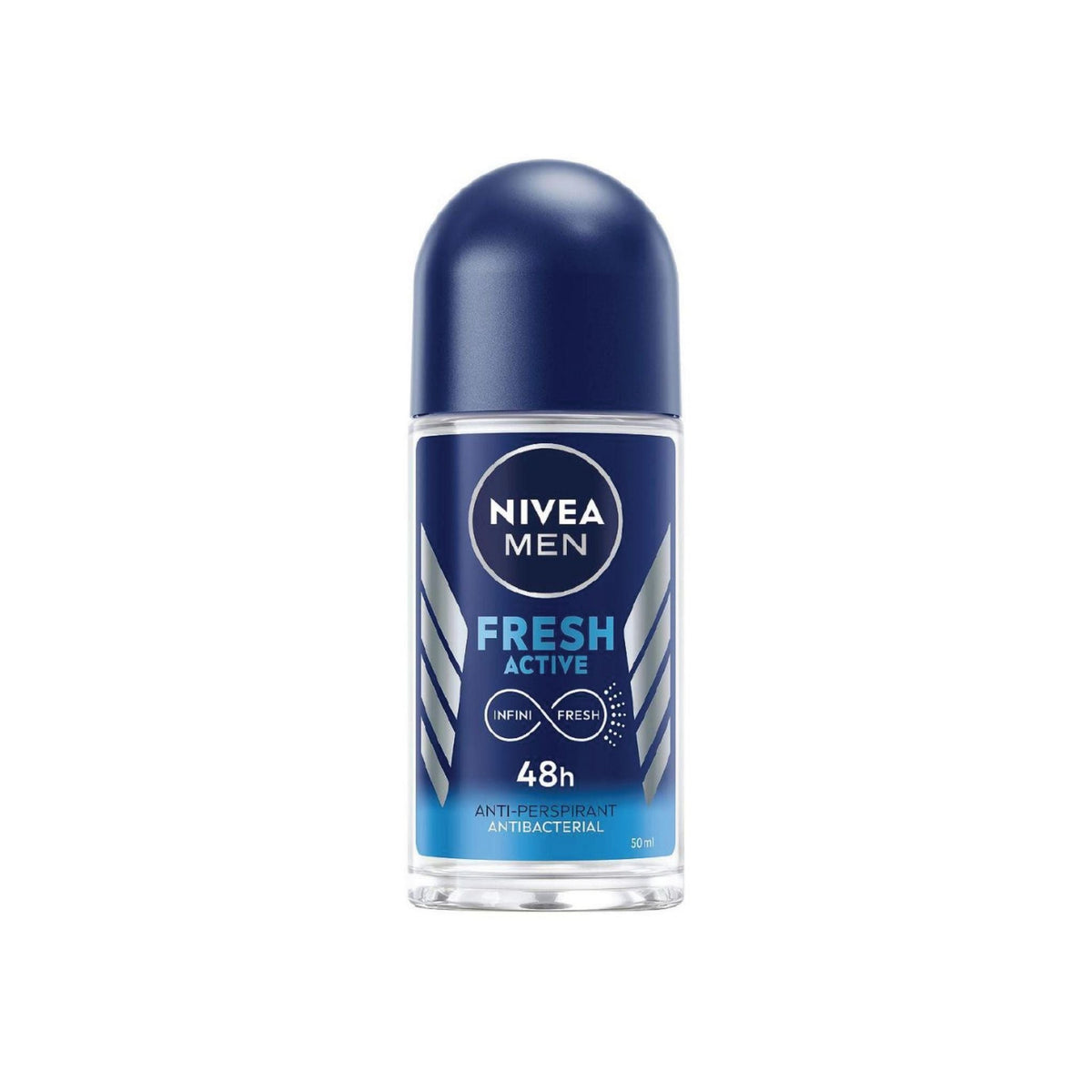 Refect Beauty Nivea Men Fresh Active 48h roll-on antiperspirant deodorant in a 50ml clear bottle with a blue cap.