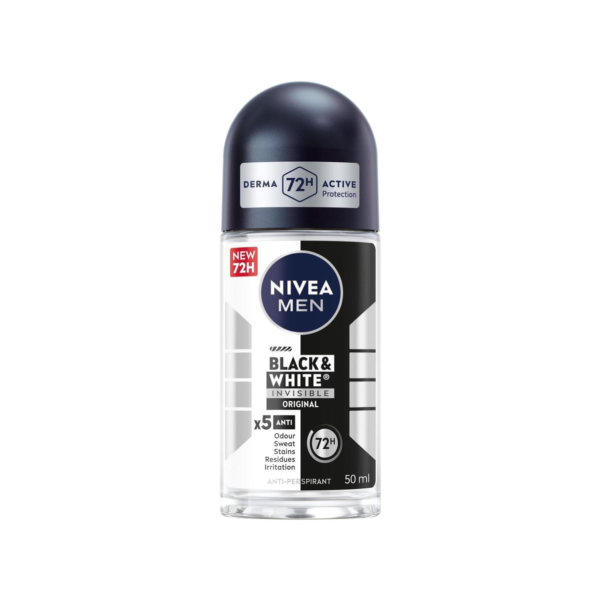 Refect Beauty Nivea Men Black & White Invisible roll-on anti-perspirant for 72-hour sweat and stain protection.