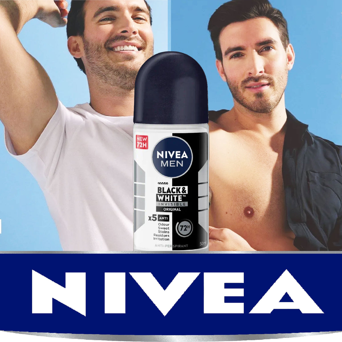 Refect Beauty Nivea Men Black & White Invisible roll-on anti-perspirant featuring two men against a blue background