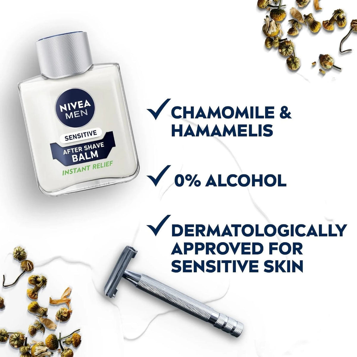 Refect Beauty Nivea Men Sensitive After Shave Balm with chamomile and hamamelis, featuring a razor and dried flowers.