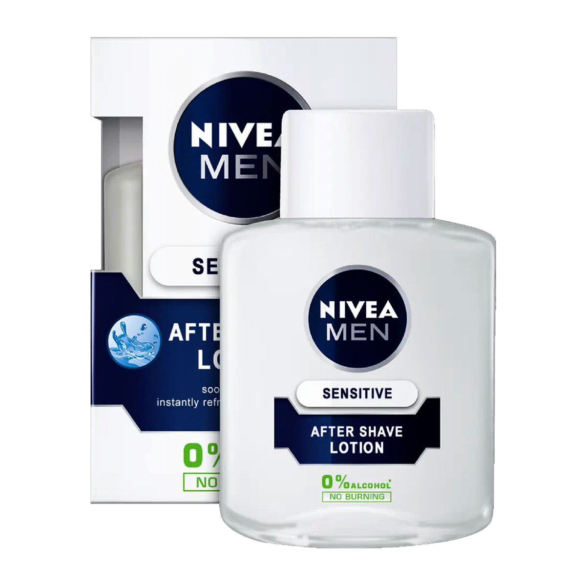 Refect Beauty Nivea Men Sensitive After Shave Lotion in a clear bottle with white cap and matching product box