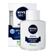 Refect Beauty Nivea Men Sensitive After Shave Lotion in a clear bottle with white cap and matching product box.