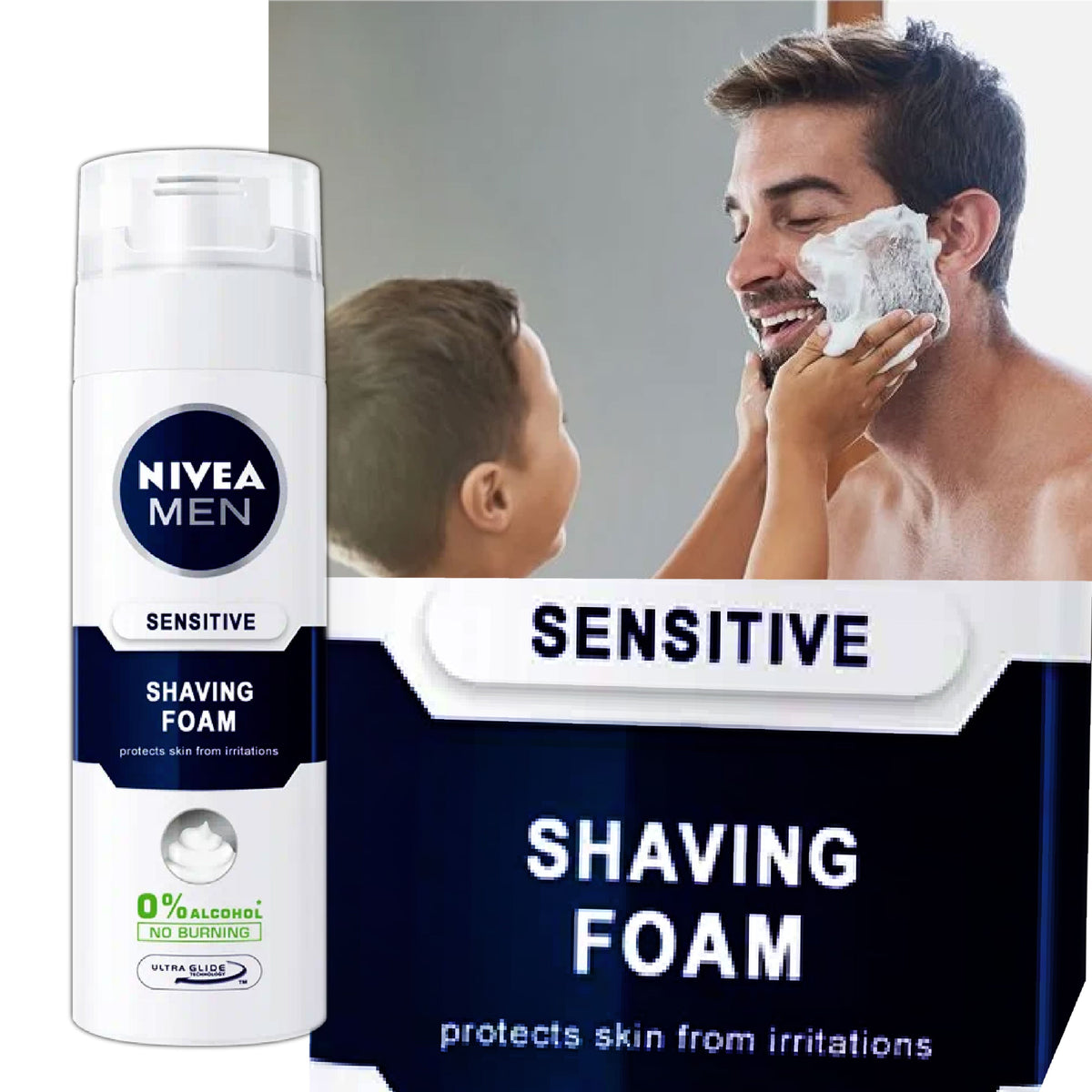 Refect Beauty Nivea Men Sensitive Shaving Foam for irritation-free shaving with a man applying foam to his face