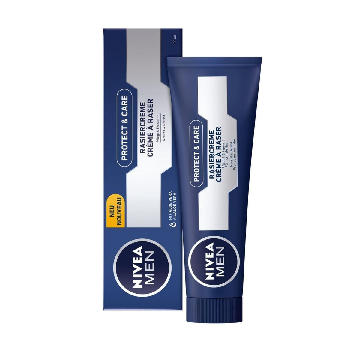 Refect Beauty Nivea Men Protect & Care shaving cream tube and box in signature blue packaging for smooth shaving.