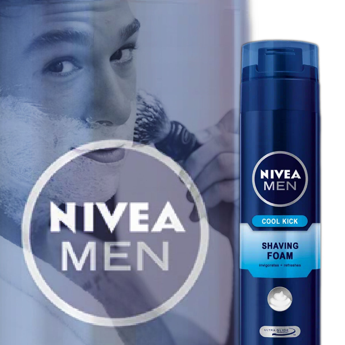 Refect Beauty Nivea Men Fresh and Cool shaving foam canister with a man applying foam in the background