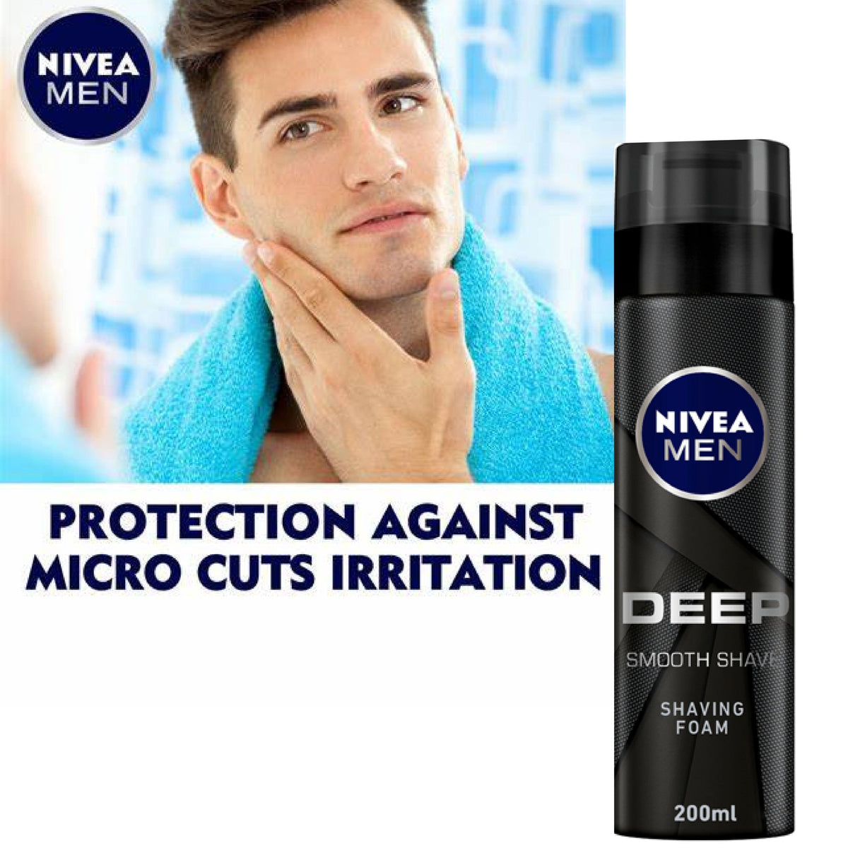 Refect Beauty Nivea Men Deep Smooth Shaving Foam bottle next to a man with a clean-shaven face and blue towel