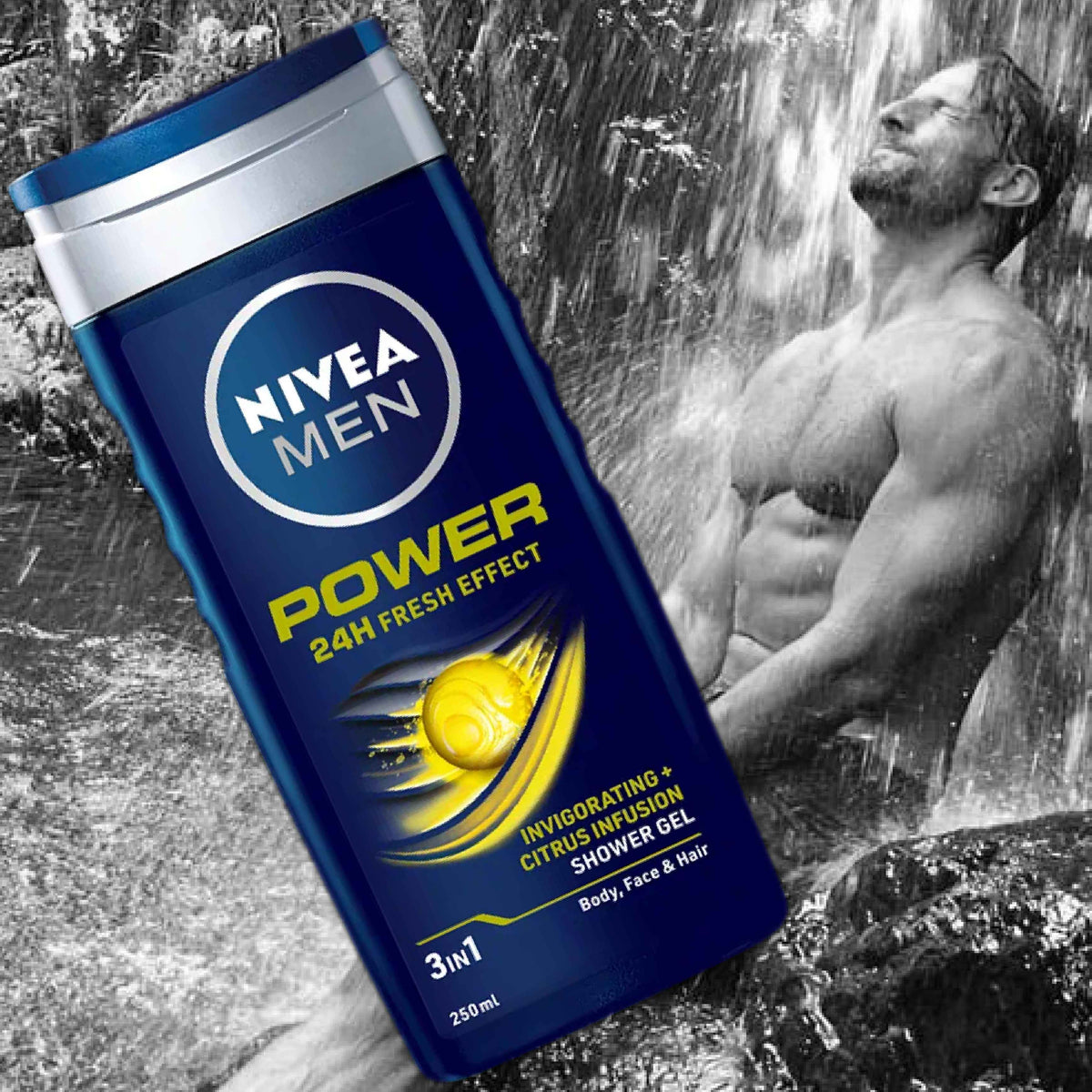 Refect Beauty Nivea Men Power Fresh 3-in-1 shower gel bottle with citrus infusion against a waterfall background