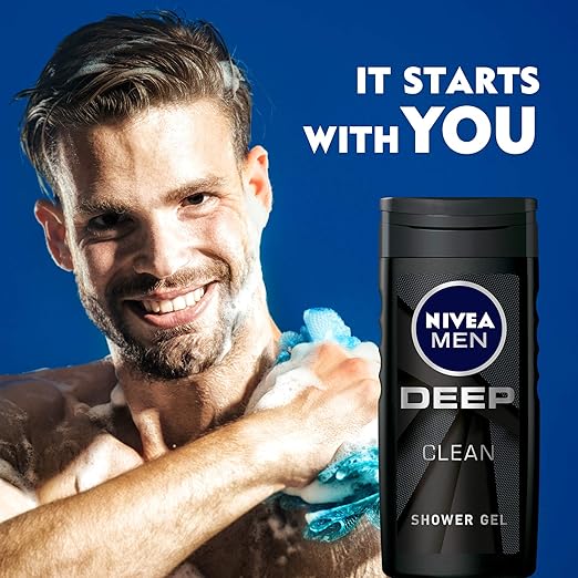 Refect Beauty Nivea Men Deep Clean shower gel bottle next to a smiling man using a loofah with rich lather