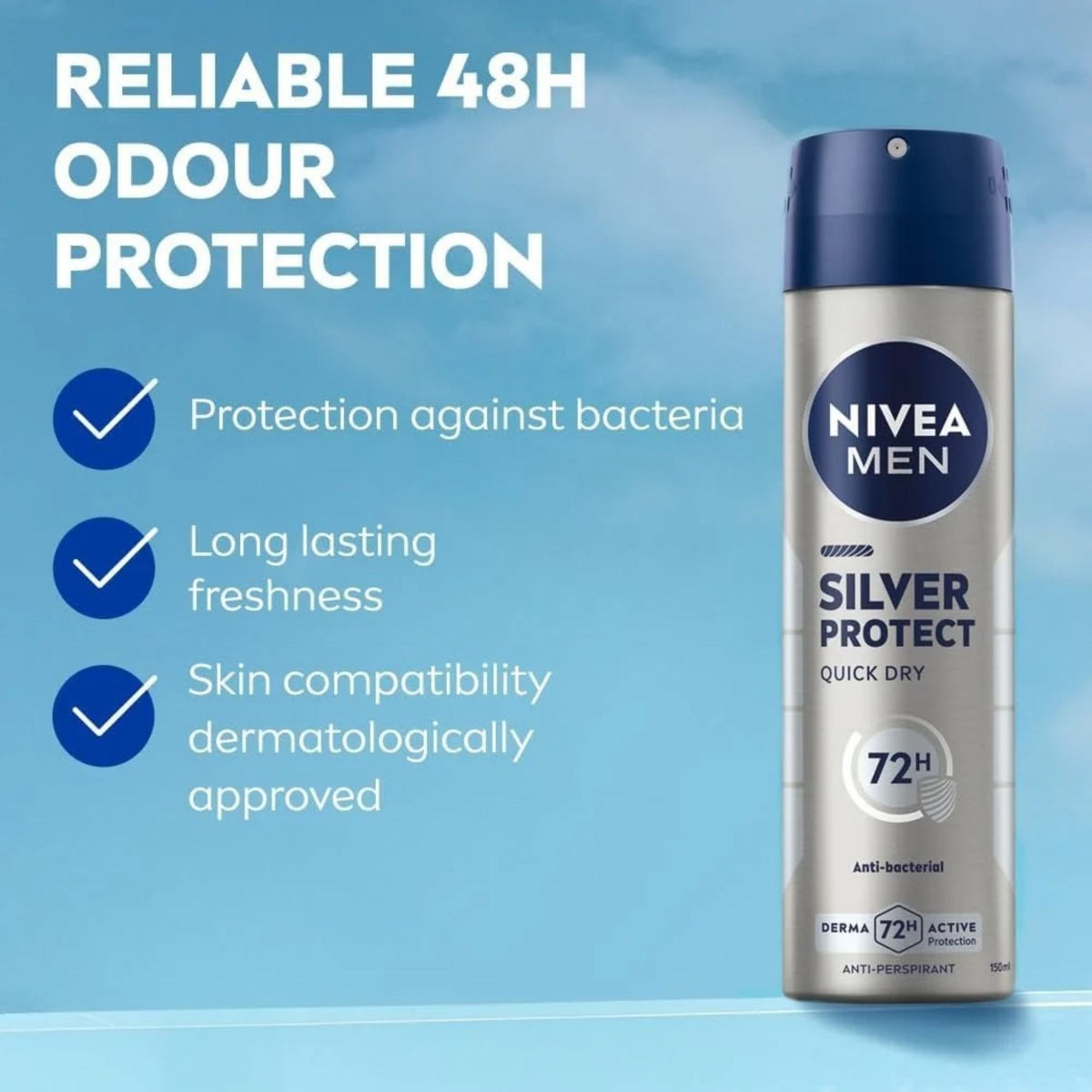 Refect Beauty Nivea Men Silver Protect anti-perspirant spray bottle with 72-hour odor protection against bacteria