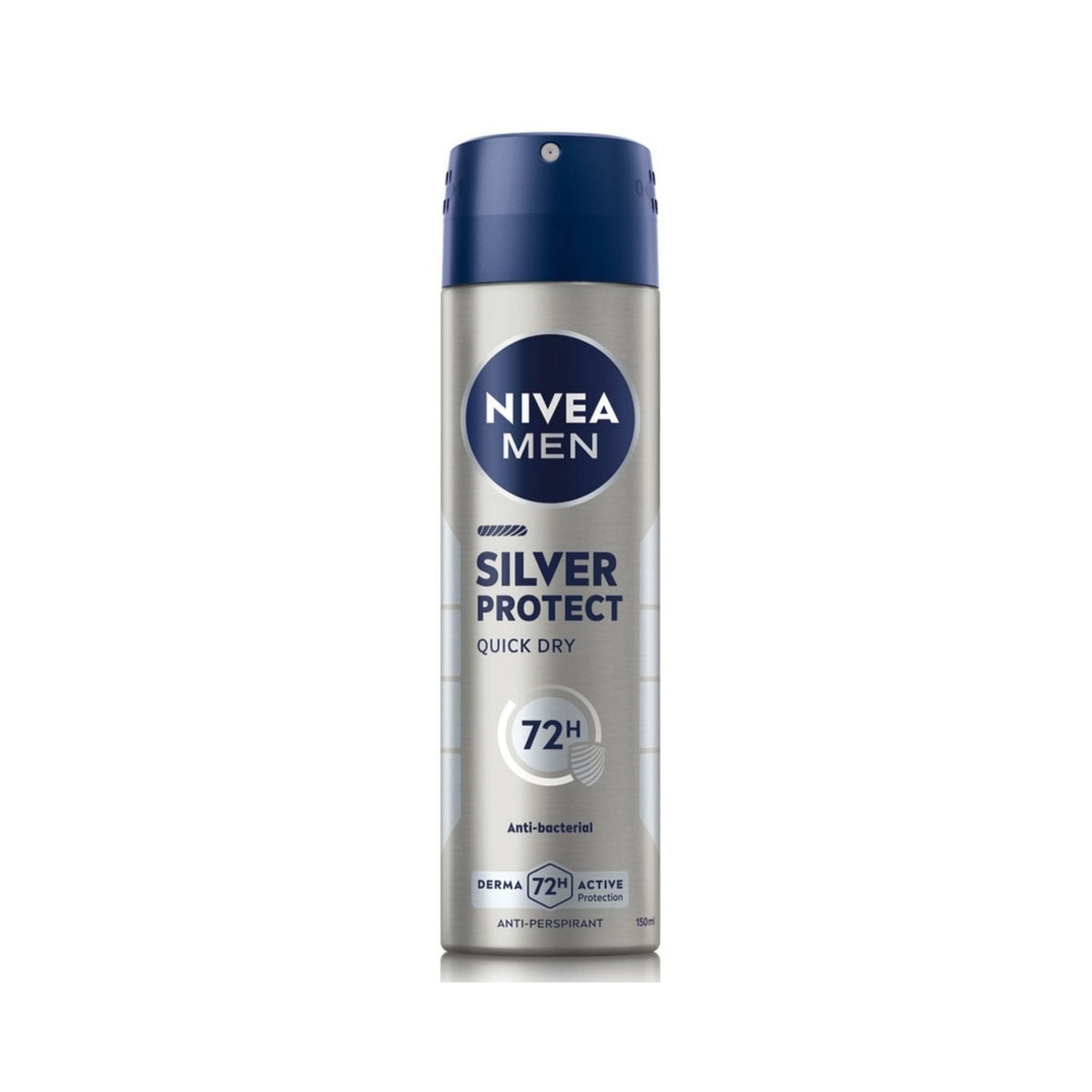 Refect Beauty NIVEA Men Silver Protect quick dry antiperspirant body spray in a silver and blue 150ml aerosol can.
