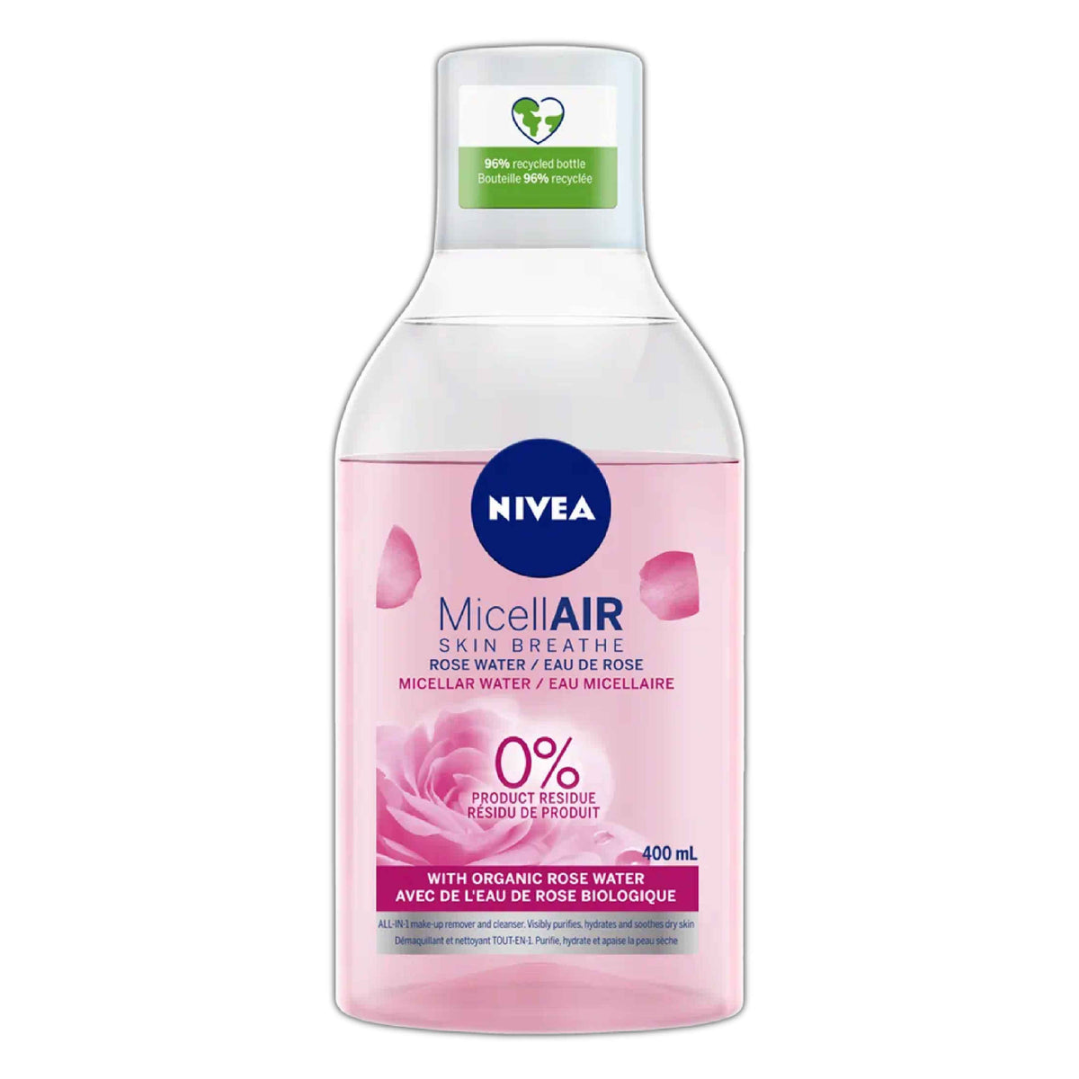 Refect Beauty Nivea Micellar Rose Water makeup remover in a 400ml clear bottle with pink liquid and rose imagery.