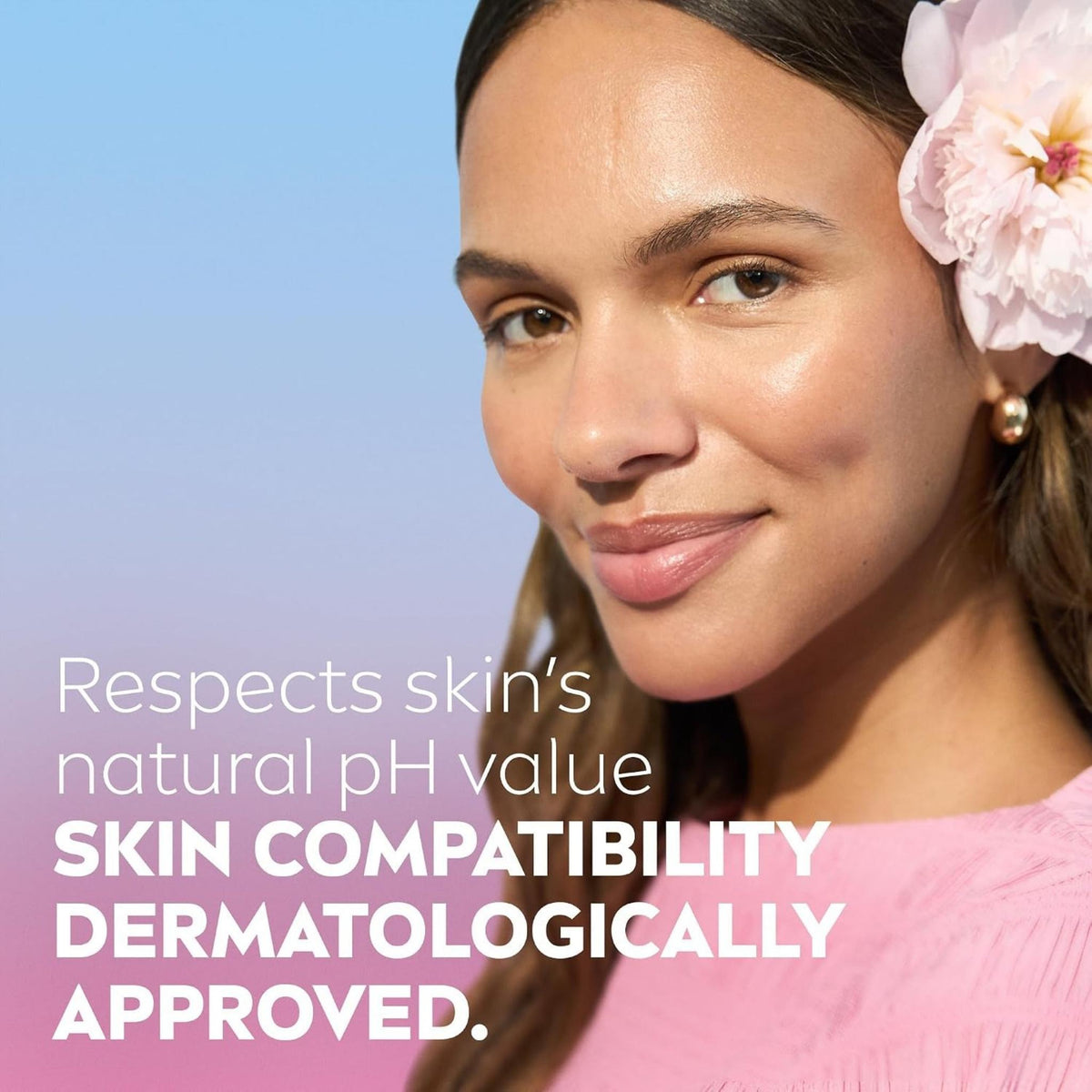 Refect Beauty model with a pink flower in her hair, promoting Nivea Micellar Rose Water for gentle skin cleansing.