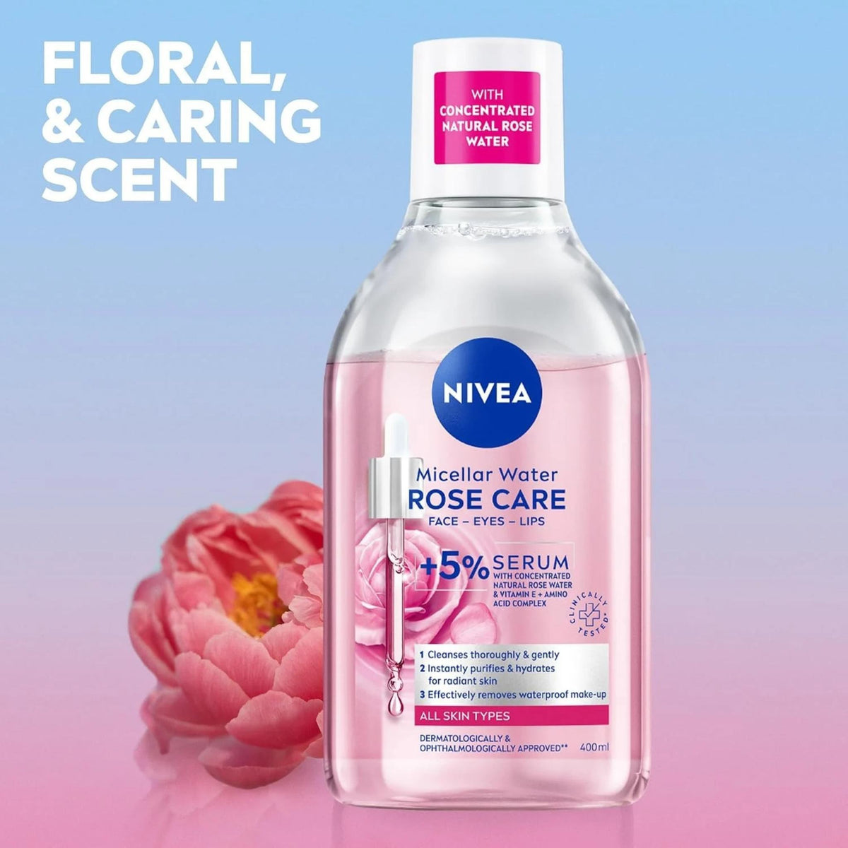 Refect Beauty Nivea Micellar Rose Water makeup remover bottle with floral background for face, eyes, and lips.