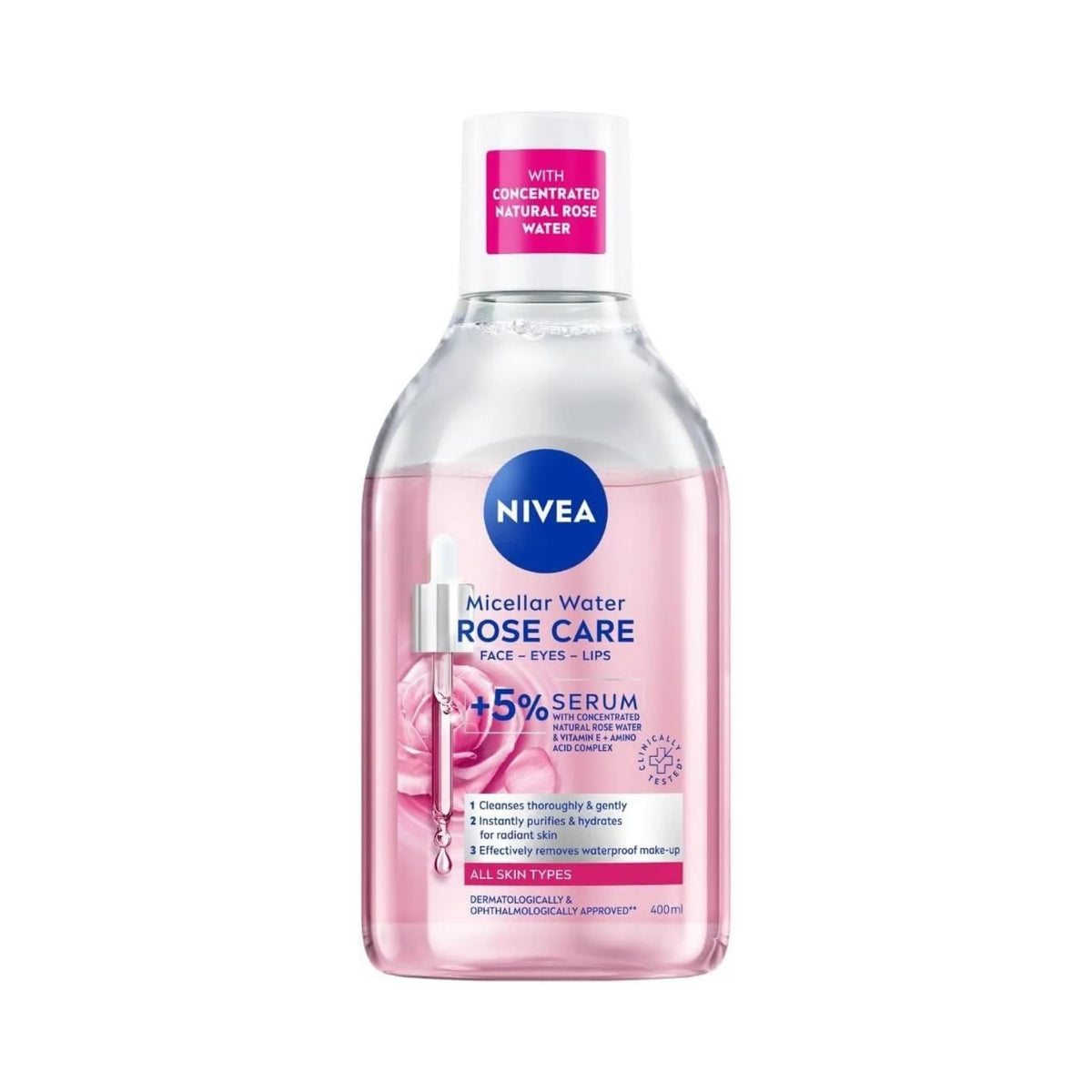 Refect Beauty Nivea Micellar Rose Water makeup remover in a 400ml clear bottle with pink liquid and white cap.