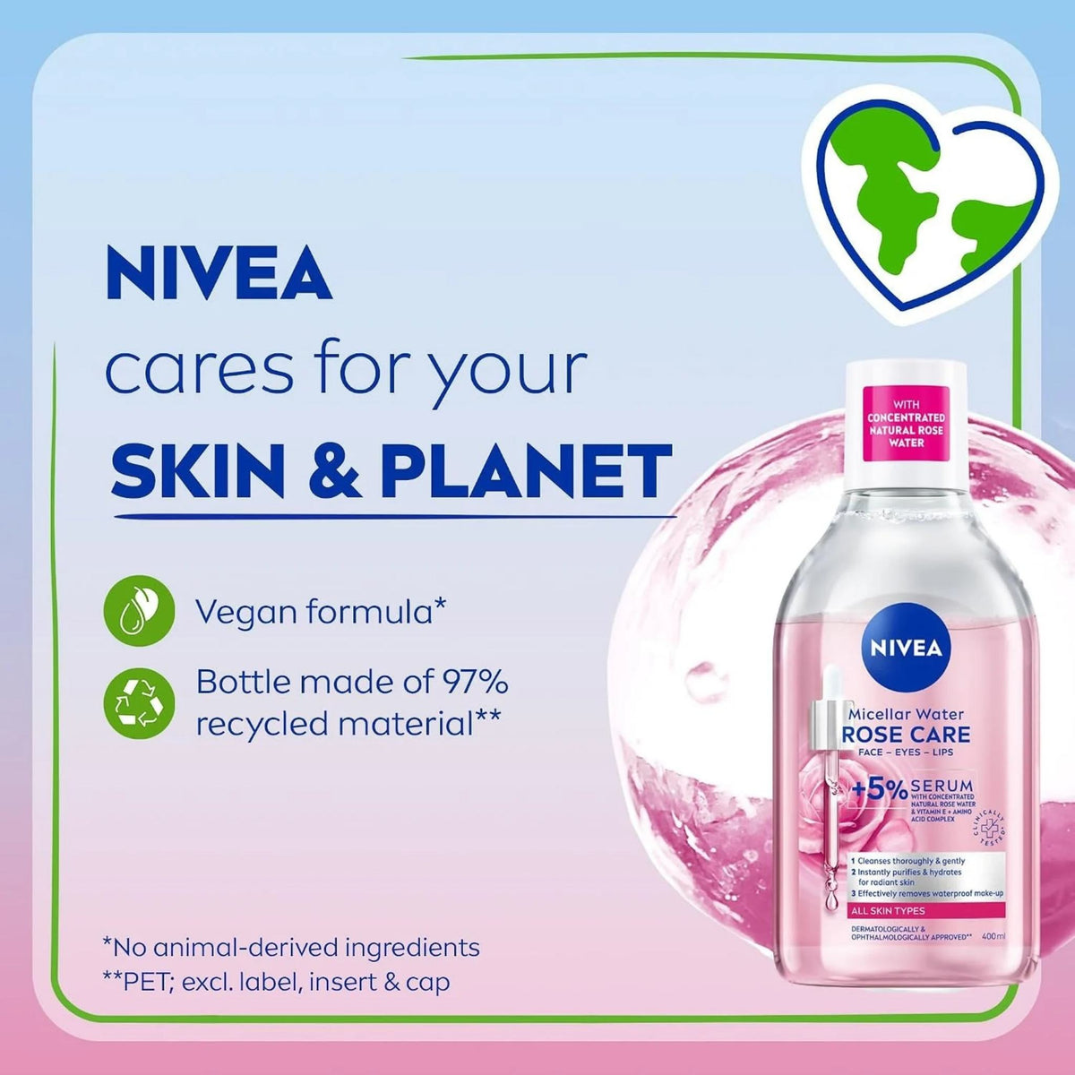 Refect Beauty Nivea Micellar Rose Water makeup remover bottle with 5% serum formula for face, eyes, and lips.