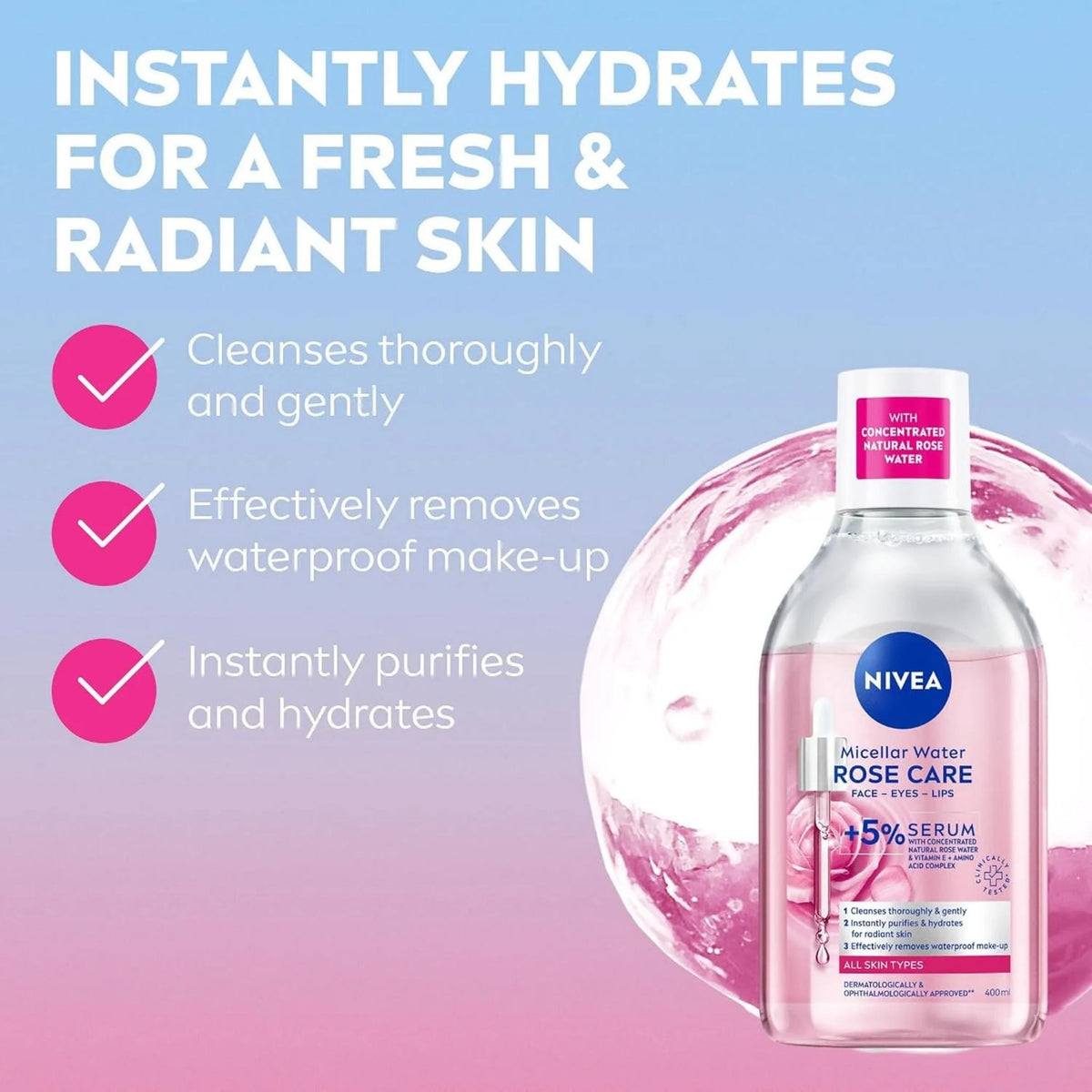 Refect Beauty Nivea Micellar Rose Water makeup remover bottle with rose petal background and key product benefits