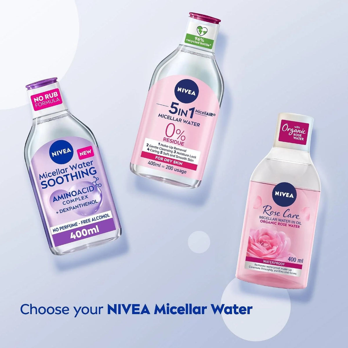 Refect Beauty selection of Nivea Micellar Water bottles including Soothing, 5-in-1, and Rose Care formulas.