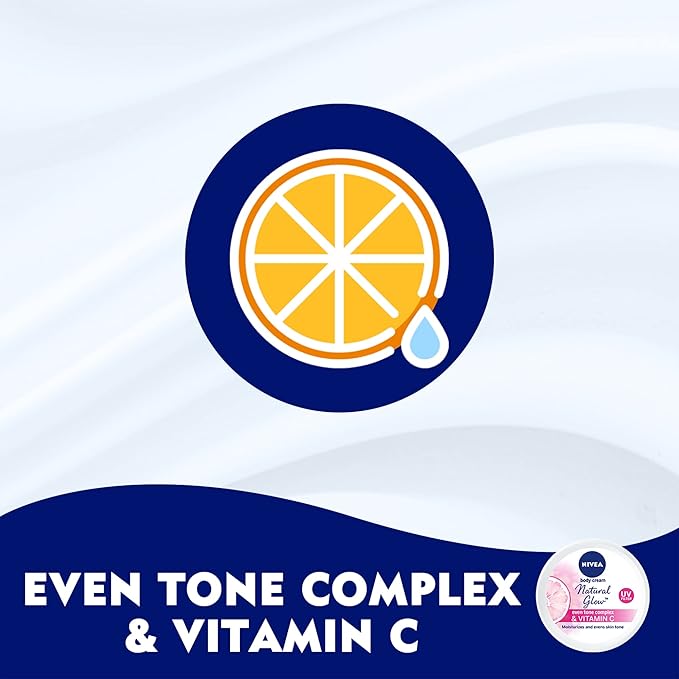 Refect Beauty Nivea Natural Glow body cream graphic featuring Vitamin C and Even Tone Complex icons