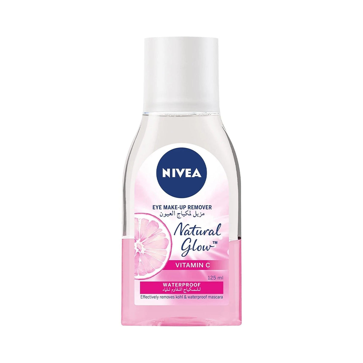 Refect Beauty Nivea Natural Glow waterproof eye makeup remover in a clear 125ml bottle with pink label details