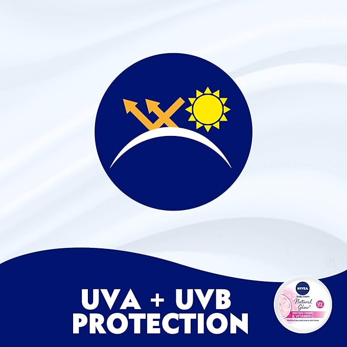 Refect Beauty Nivea Natural Glow body cream featuring UVA and UVB sun protection icon on a white background