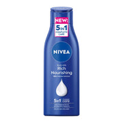 Refect Beauty Nivea Rich Nourishing body milk lotion in a blue bottle for dry skin with 5-in-1 complete care formula