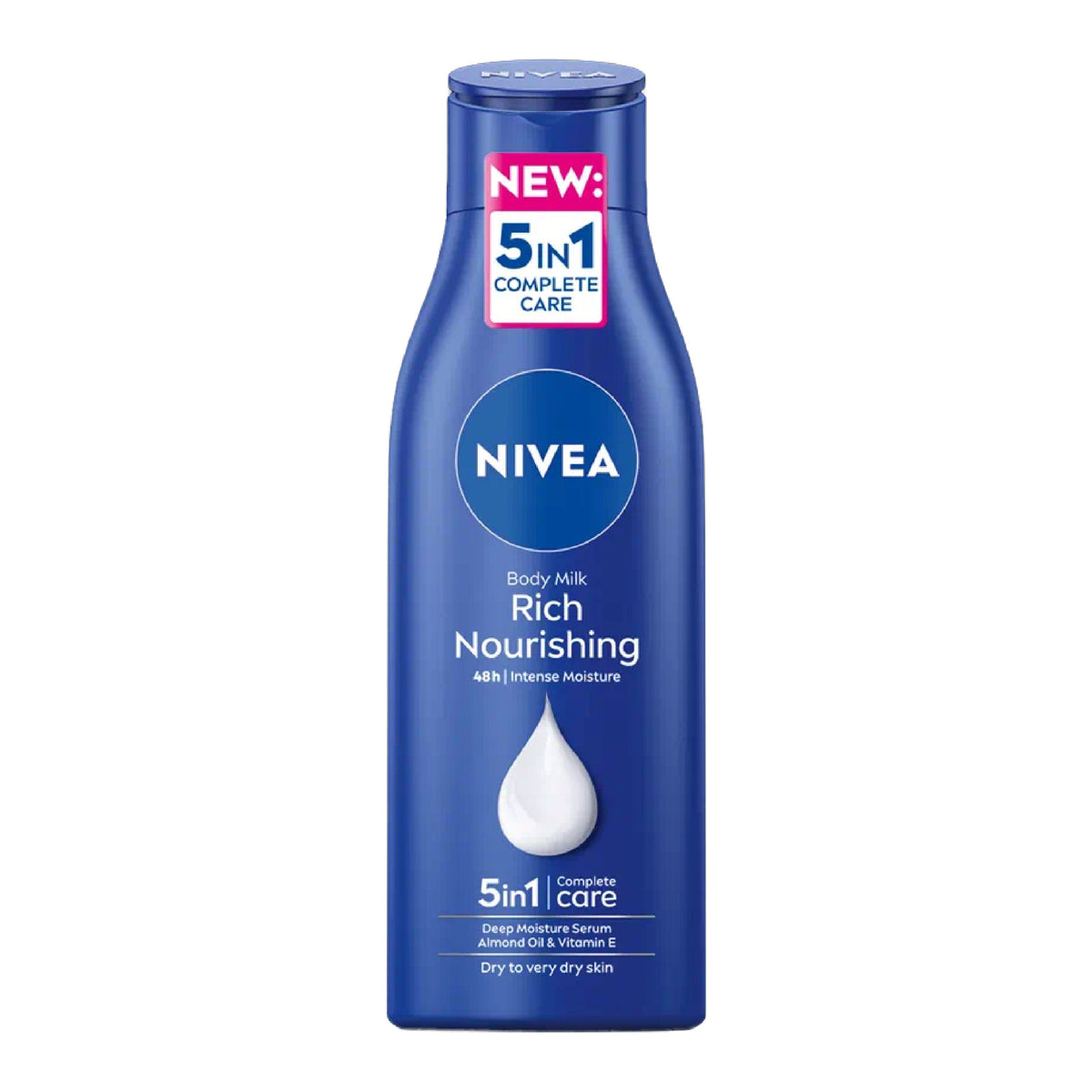 Refect Beauty Nivea Rich Nourishing body milk lotion in a blue bottle for dry skin with 5-in-1 complete care formula