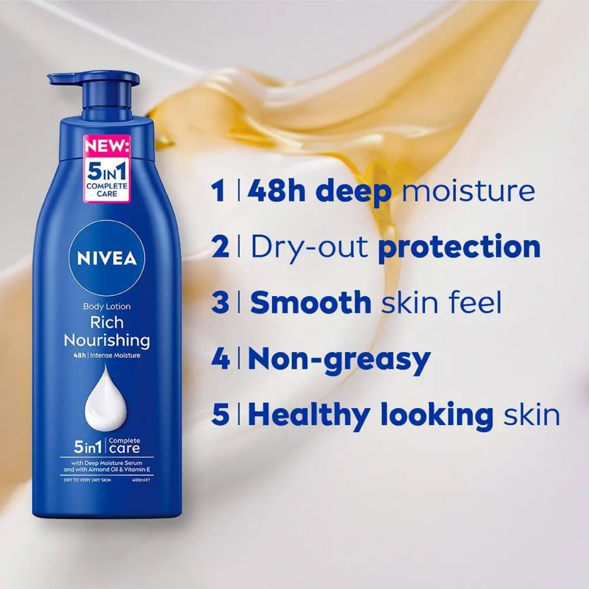 Refect Beauty Nivea Rich Nourishing body lotion bottle with 5-in-1 benefits listed on a creamy background