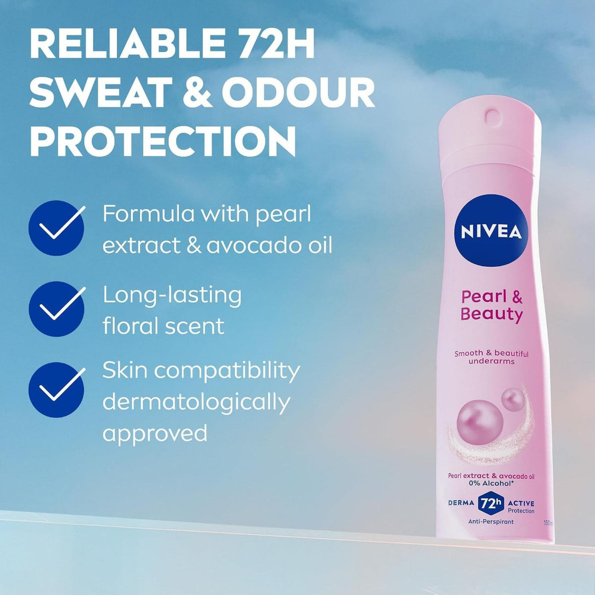 Refect Beauty Nivea Pearl & Beauty anti-perspirant spray with 72h protection and pearl extract for smooth underarms.