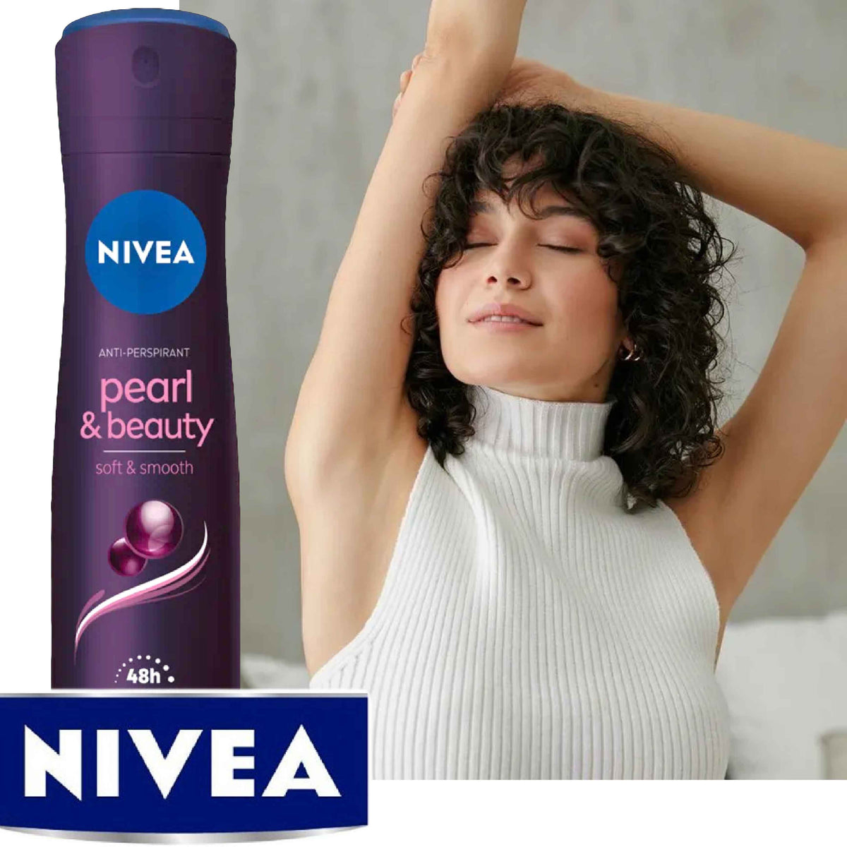 Refect Beauty Nivea Pearl & Beauty Black Pearl anti-perspirant spray next to a woman with smooth underarms