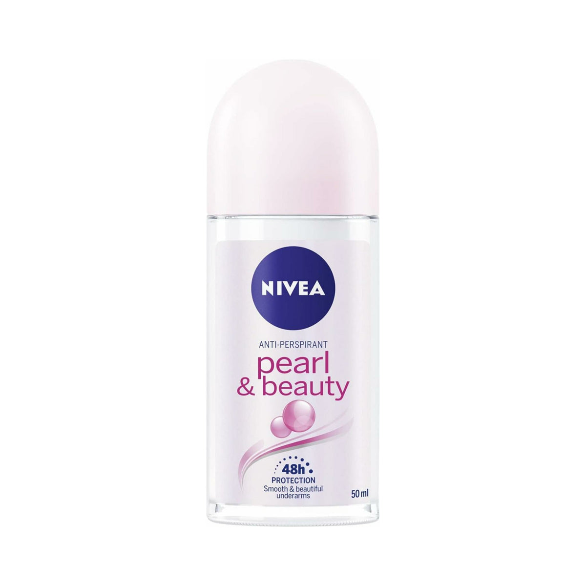 Refect Beauty Nivea Pearl & Beauty roll-on antiperspirant for women in a 50ml bottle with a light pink cap.